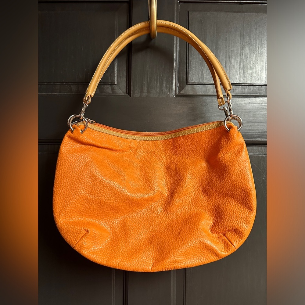 MAXX New York Orange & Tan Leather Hobo Double Handle Shoulder Purse